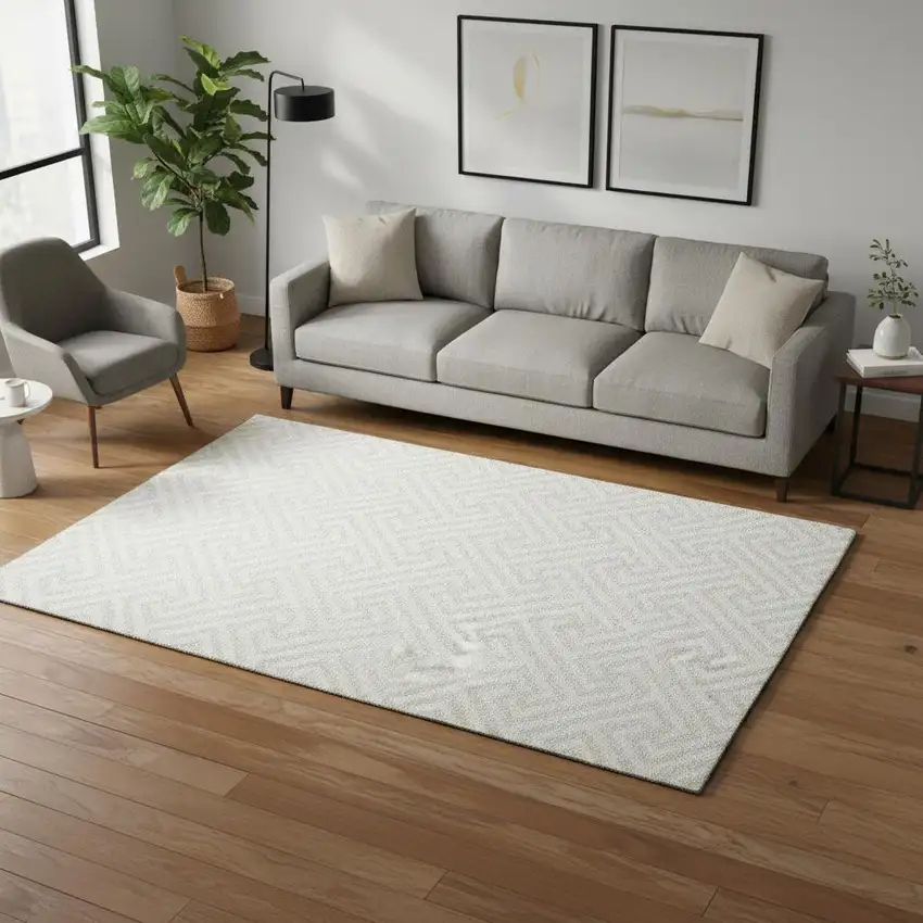Ivory And Beige Geometric Washable Area Rug With UV Protection Photo 2