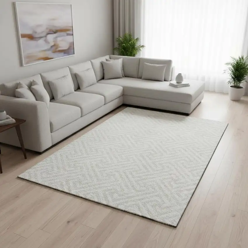 Ivory And Beige Geometric Washable Area Rug With UV Protection Photo 2