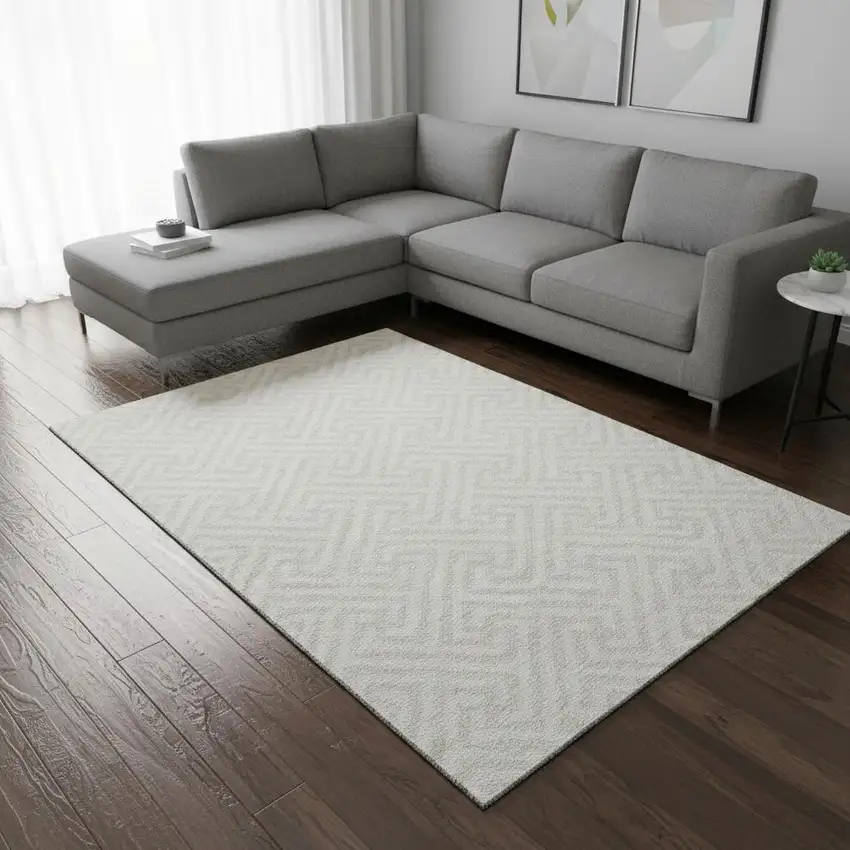 Ivory And Beige Geometric Washable Area Rug With UV Protection Photo 2