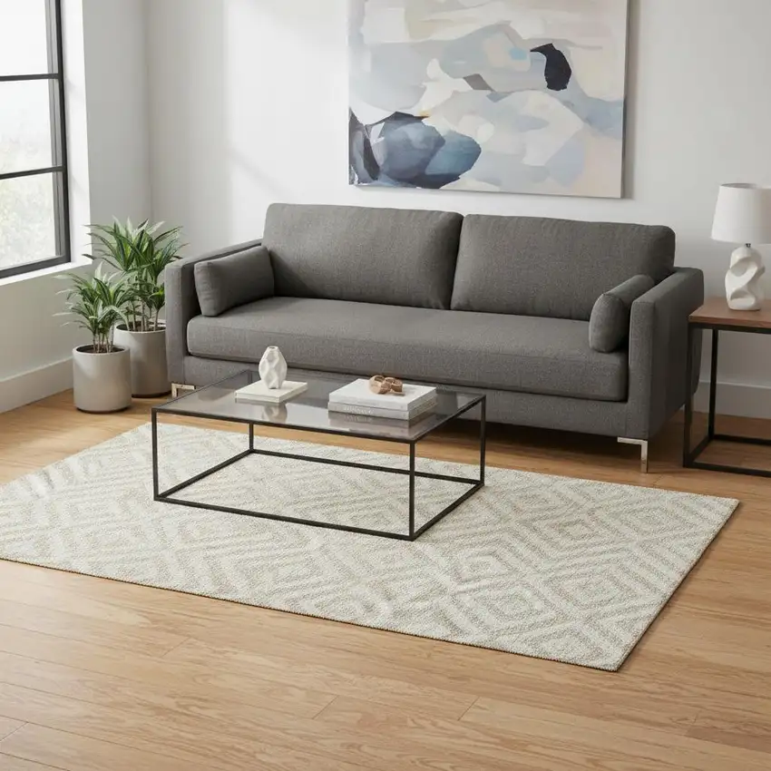 Ivory And Beige Geometric Washable Area Rug With UV Protection Photo 2