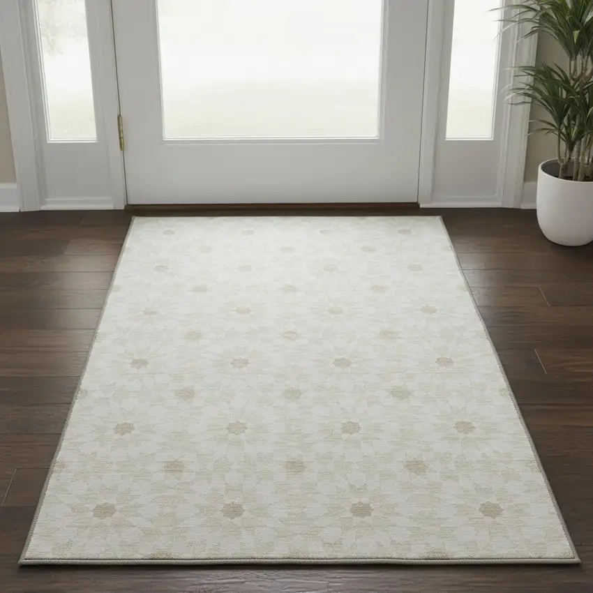 Ivory And Beige Geometric Washable Area Rug With UV Protection Photo 2