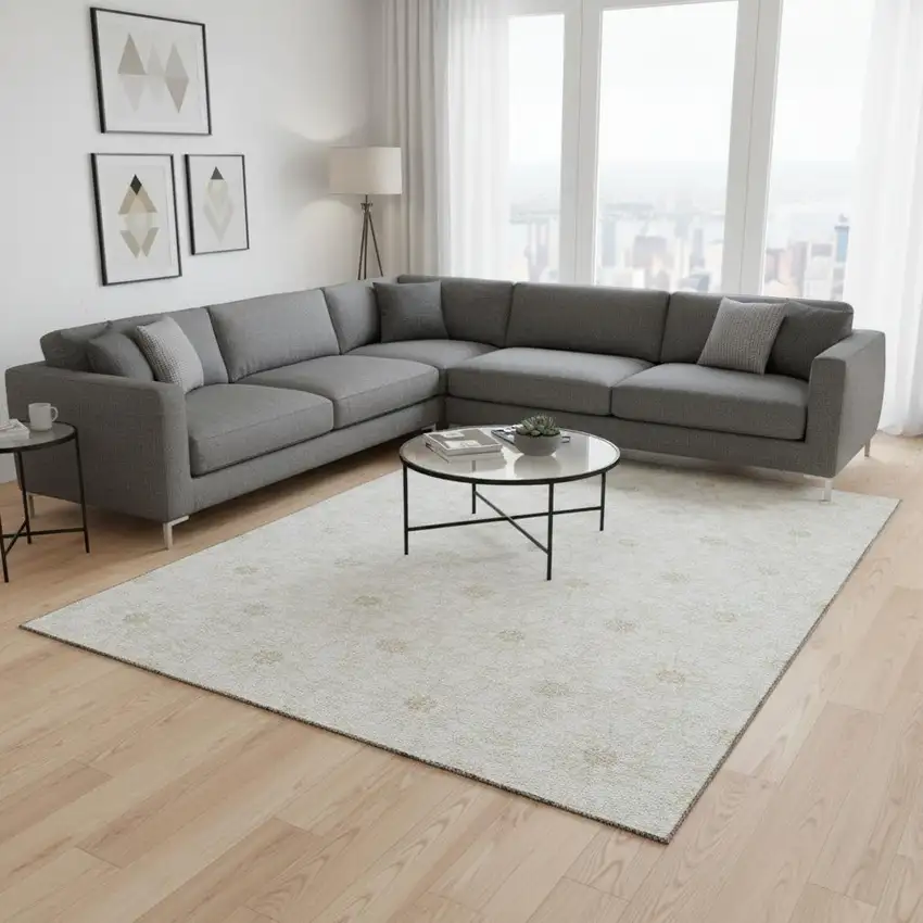 Ivory And Beige Geometric Washable Area Rug With UV Protection Photo 2