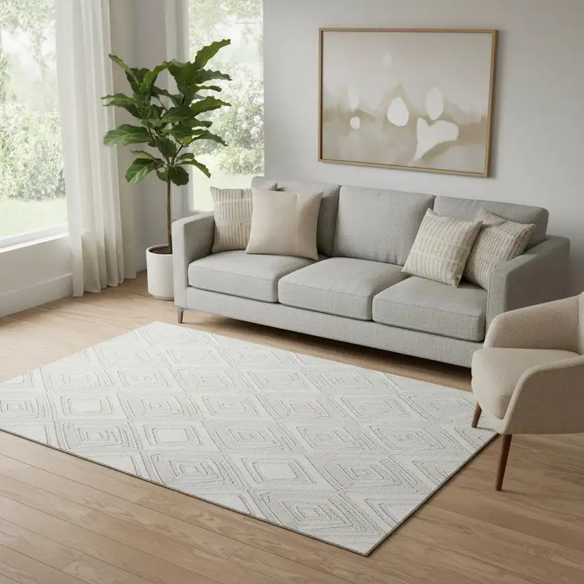Ivory And Beige Geometric Washable Area Rug With UV Protection Photo 1