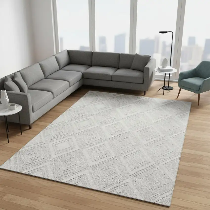 Ivory And Beige Geometric Washable Area Rug With UV Protection Photo 1