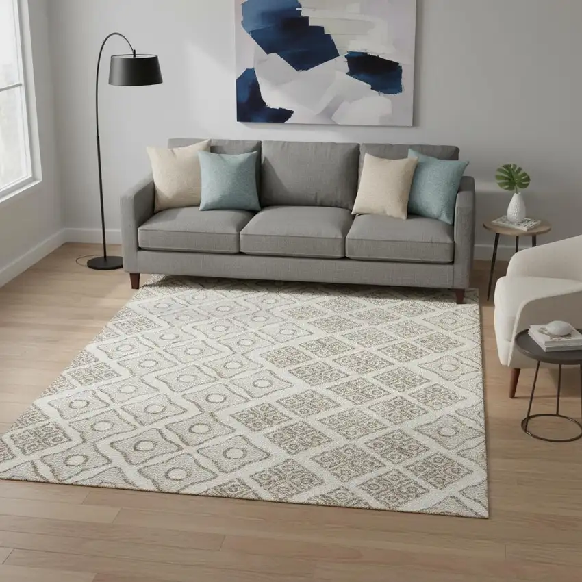 Ivory And Beige Geometric Washable Area Rug With UV Protection Photo 1