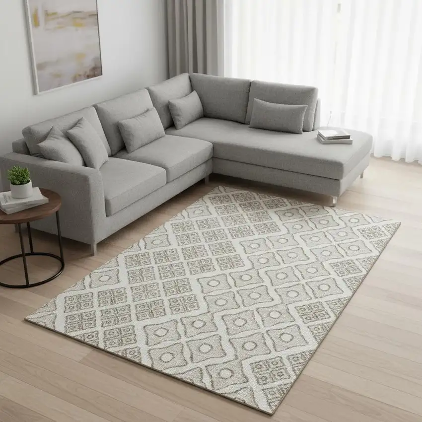 Ivory And Beige Geometric Washable Area Rug With UV Protection Photo 1