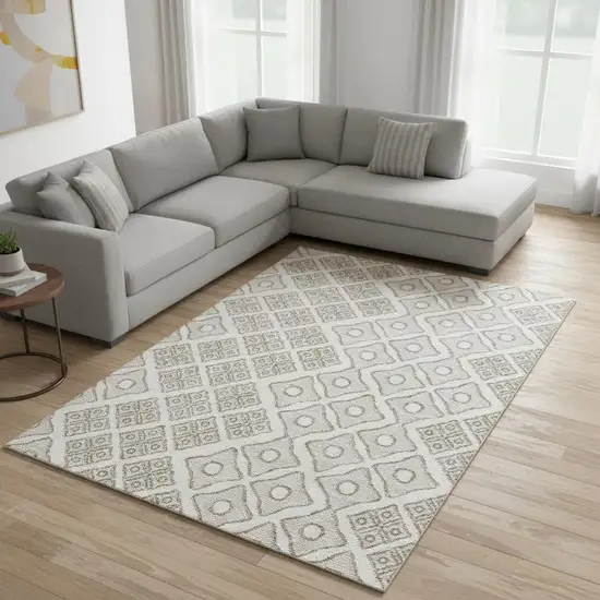 Ivory And Beige Geometric Washable Area Rug With UV Protection Photo 1