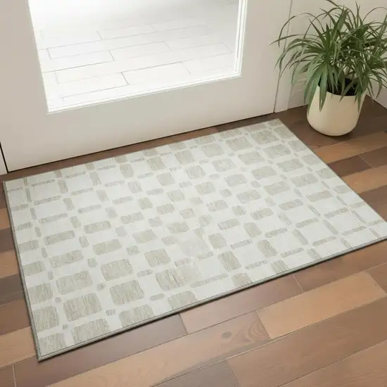 Ivory And Beige Geometric Washable Area Rug With UV Protection Photo 2