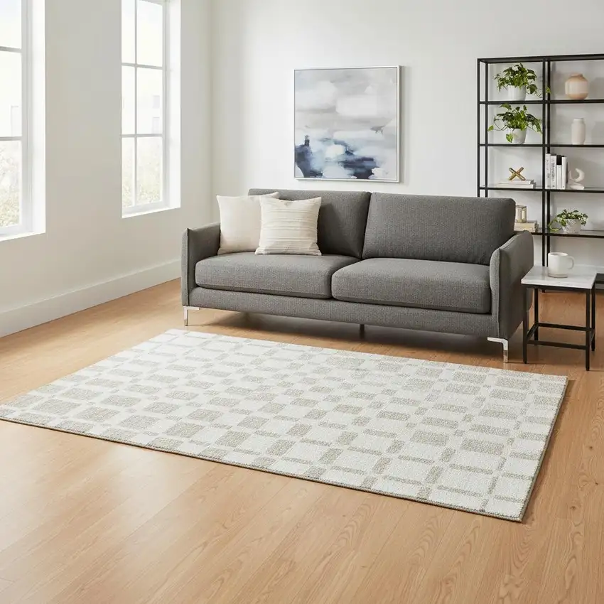 Ivory And Beige Geometric Washable Area Rug With UV Protection Photo 2