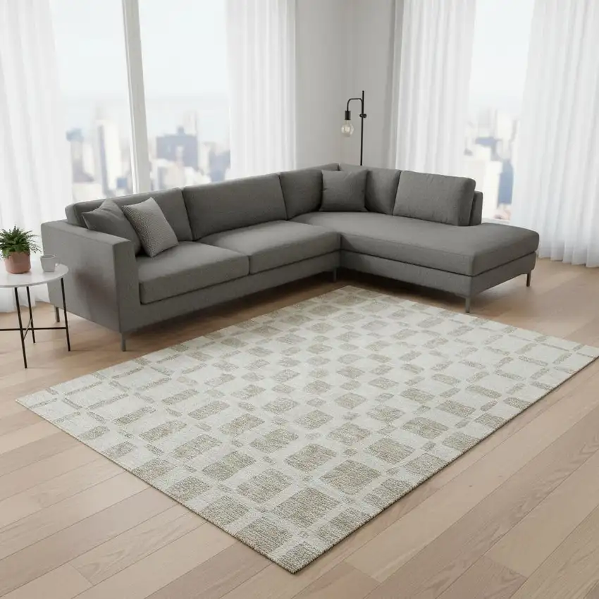 Ivory And Beige Geometric Washable Area Rug With UV Protection Photo 2