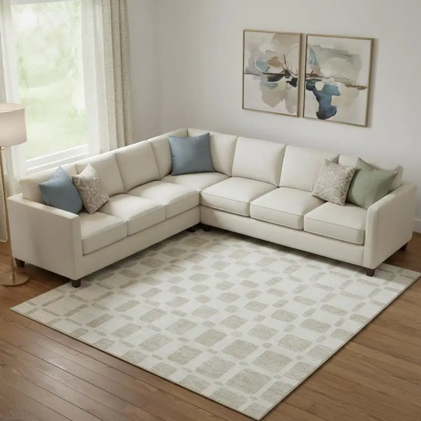 Ivory And Beige Geometric Washable Area Rug With UV Protection Photo 1