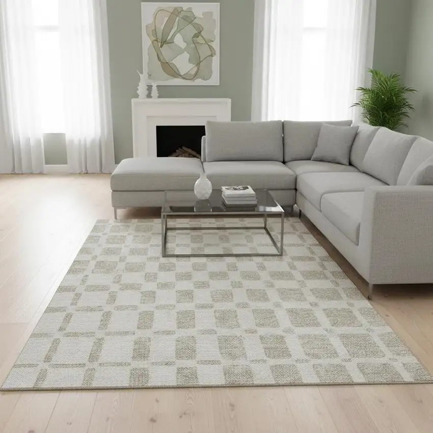 Ivory And Beige Geometric Washable Area Rug With UV Protection Photo 2