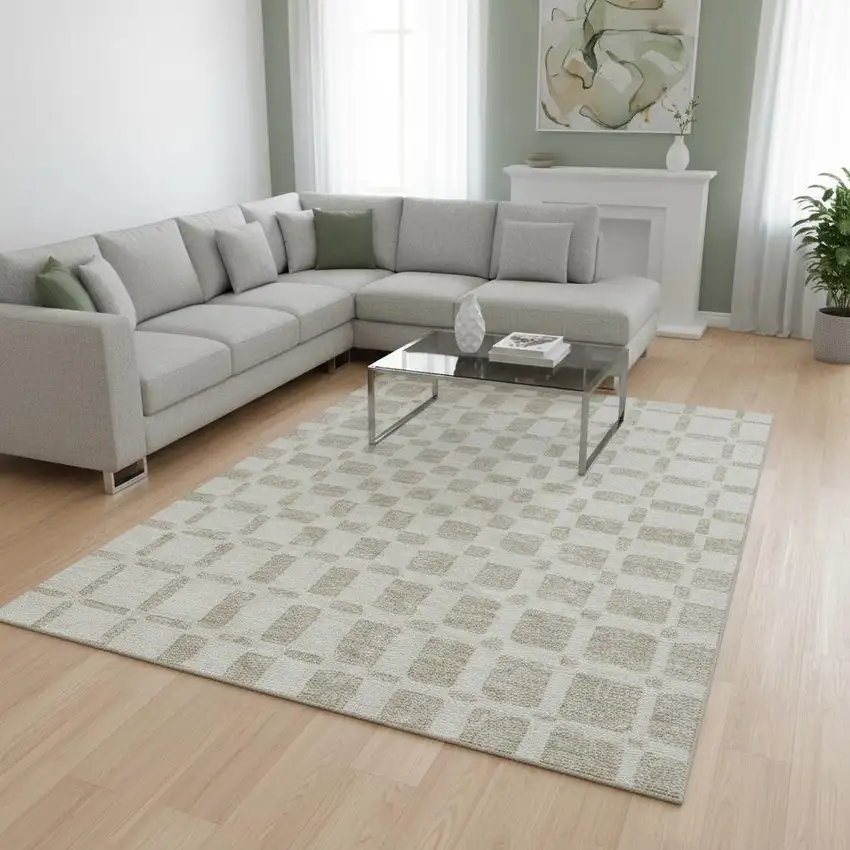 Ivory And Beige Geometric Washable Area Rug With UV Protection Photo 2