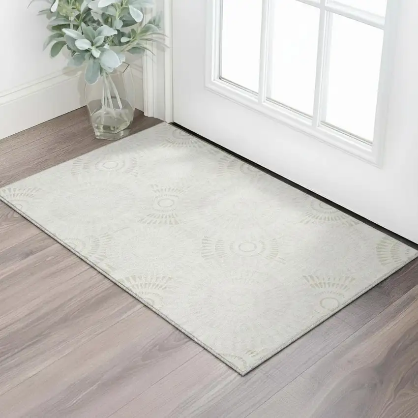 Ivory And Beige Geometric Washable Area Rug With UV Protection Photo 2