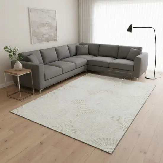 Ivory And Beige Geometric Washable Area Rug With UV Protection Photo 2