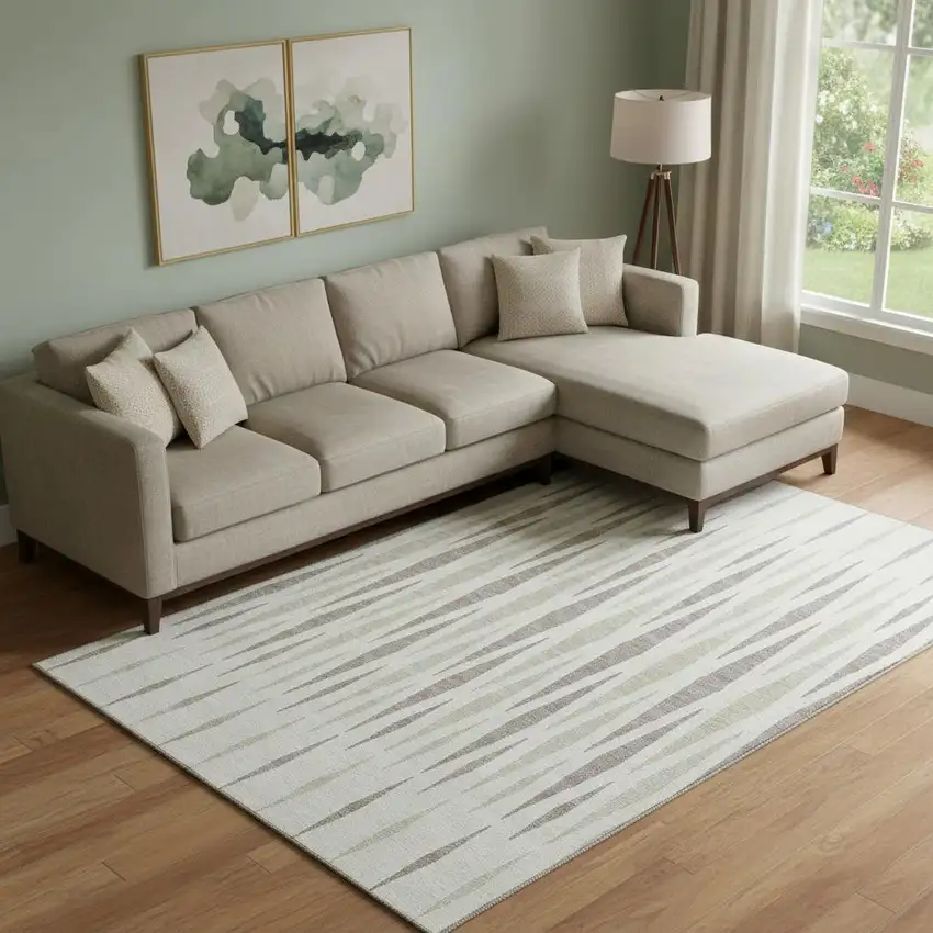 Ivory And Beige Geometric Washable Area Rug With UV Protection Photo 1