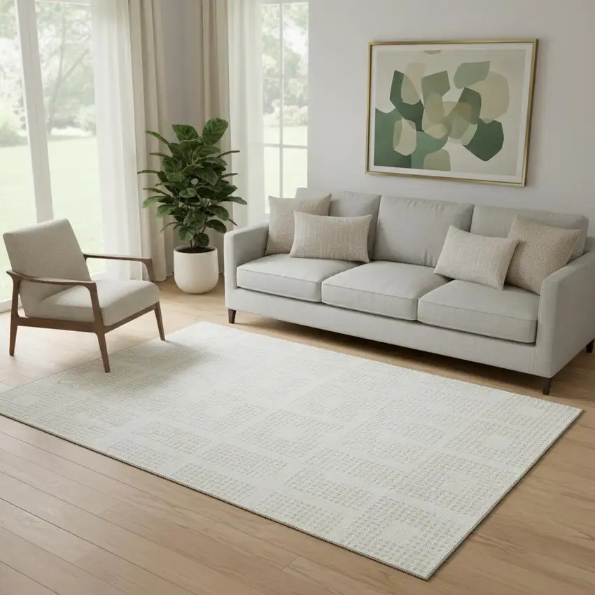 Ivory And Beige Geometric Washable Area Rug With UV Protection Photo 1