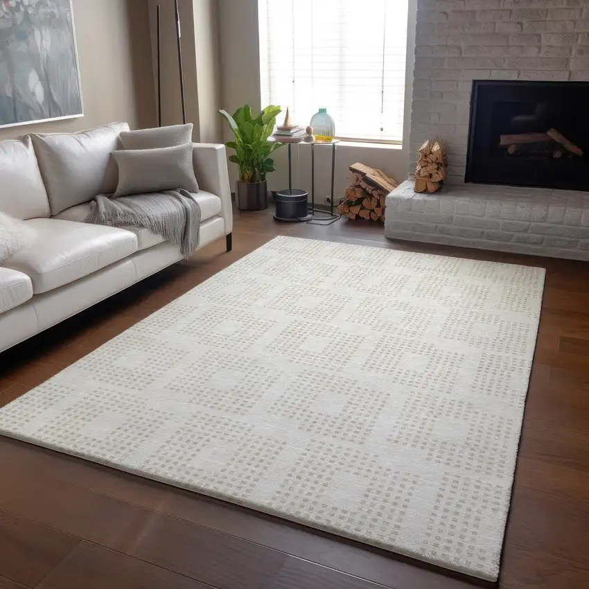 Ivory And Beige Geometric Washable Area Rug With UV Protection Photo 6