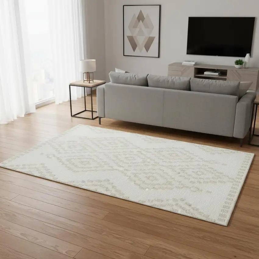 Ivory And Beige Geometric Washable Area Rug With UV Protection Photo 2
