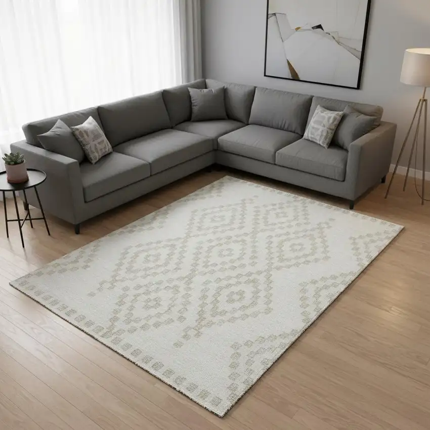 Ivory And Beige Geometric Washable Area Rug With UV Protection Photo 2