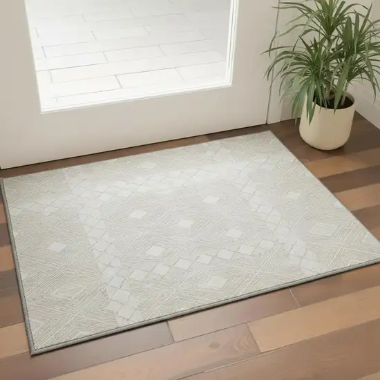 Ivory And Beige Geometric Washable Area Rug With UV Protection Photo 2
