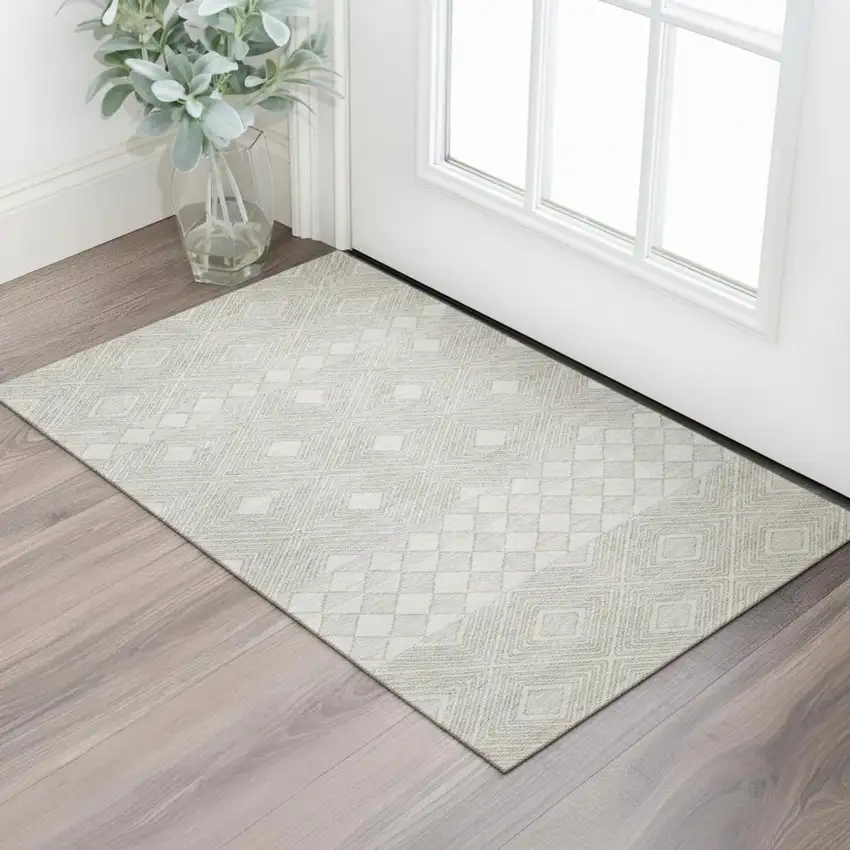 Ivory And Beige Geometric Washable Area Rug With UV Protection Photo 1