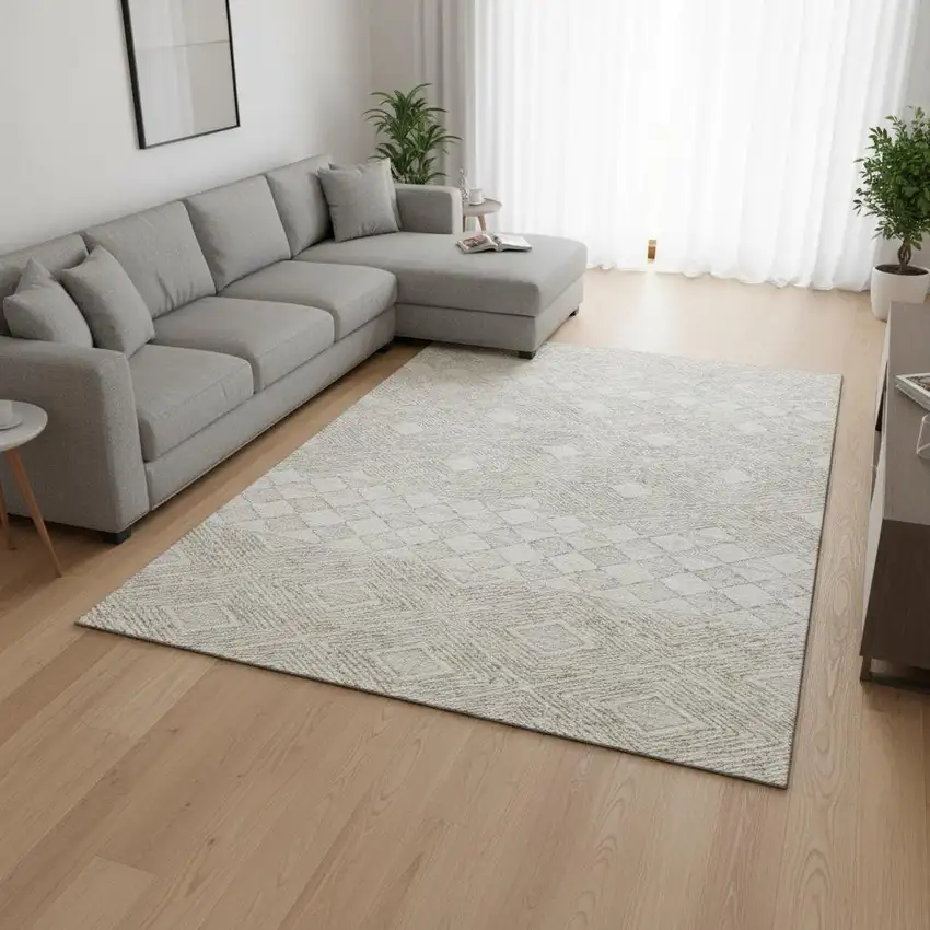 Ivory And Beige Geometric Washable Area Rug With UV Protection Photo 2