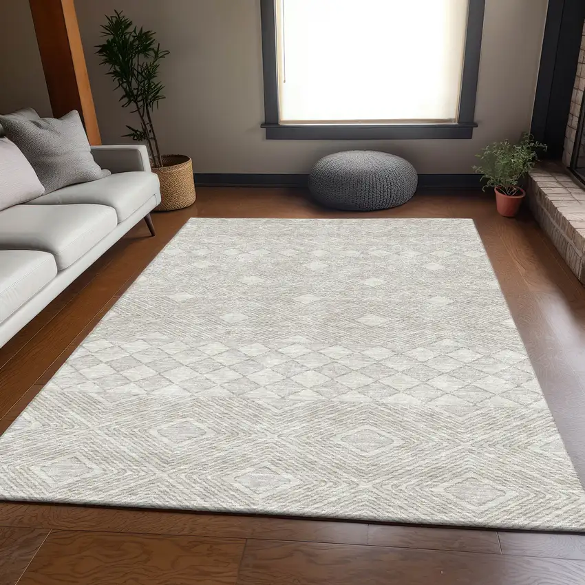Ivory And Beige Geometric Washable Area Rug With UV Protection Photo 6