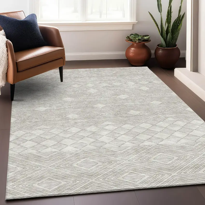 Ivory And Beige Geometric Washable Area Rug With UV Protection Photo 5