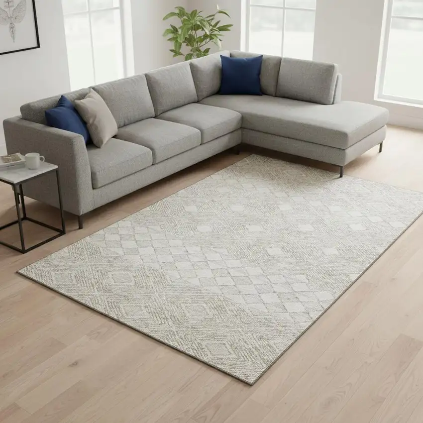 Ivory And Beige Geometric Washable Area Rug With UV Protection Photo 2