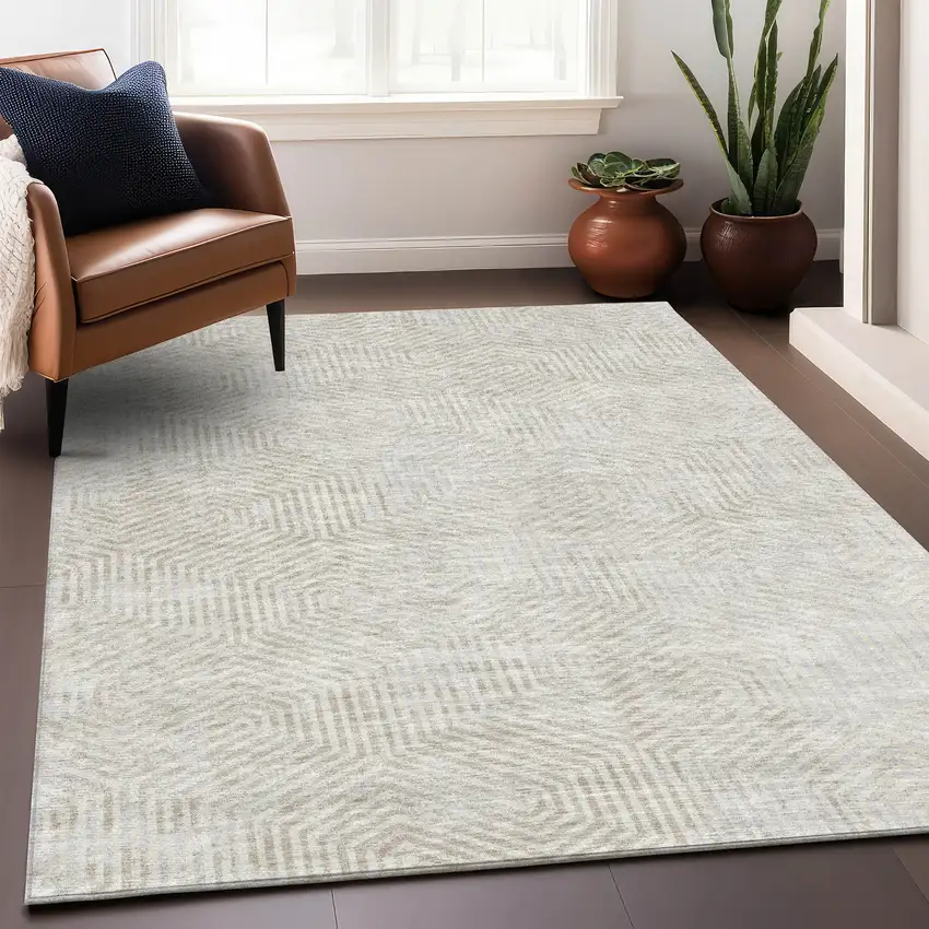 Ivory And Beige Geometric Washable Area Rug With UV Protection Photo 5