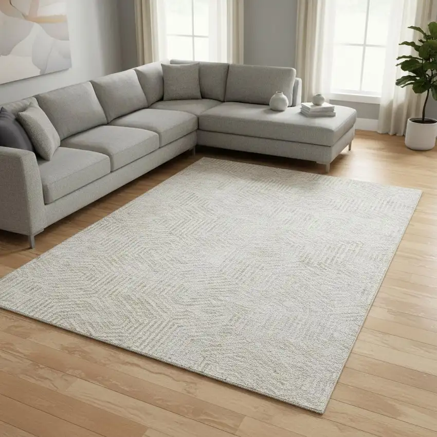 Ivory And Beige Geometric Washable Area Rug With UV Protection Photo 2