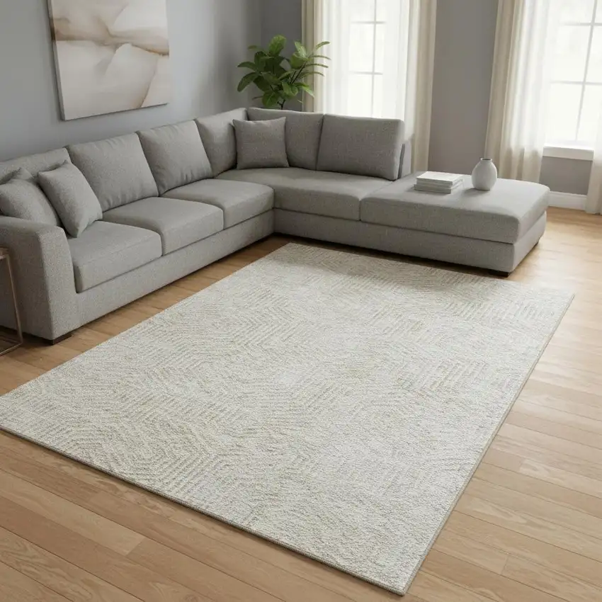 Ivory And Beige Geometric Washable Area Rug With UV Protection Photo 2