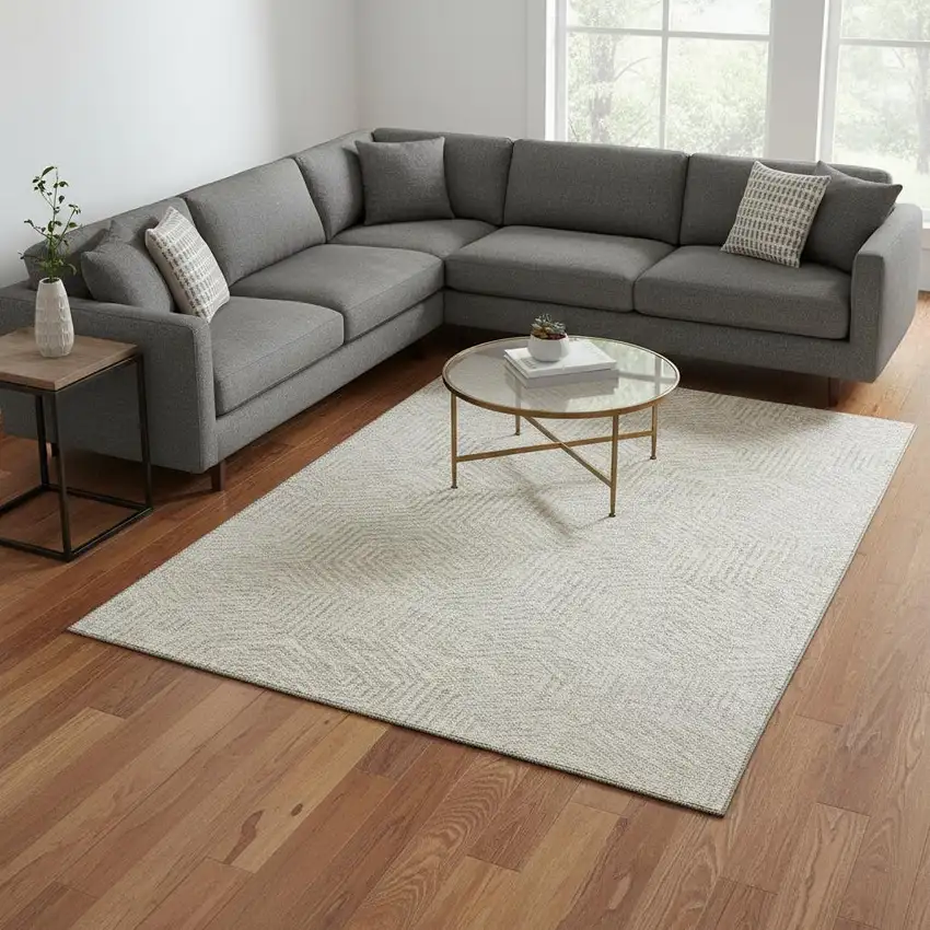 Ivory And Beige Geometric Washable Area Rug With UV Protection Photo 2