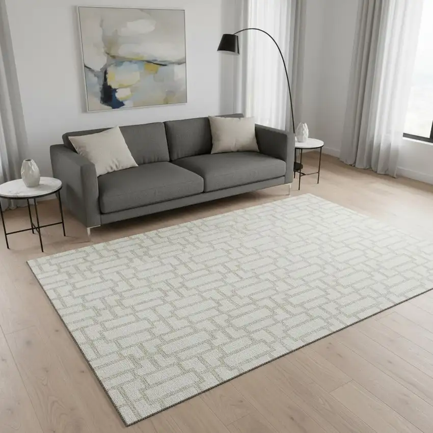Ivory And Beige Geometric Washable Area Rug With UV Protection Photo 2