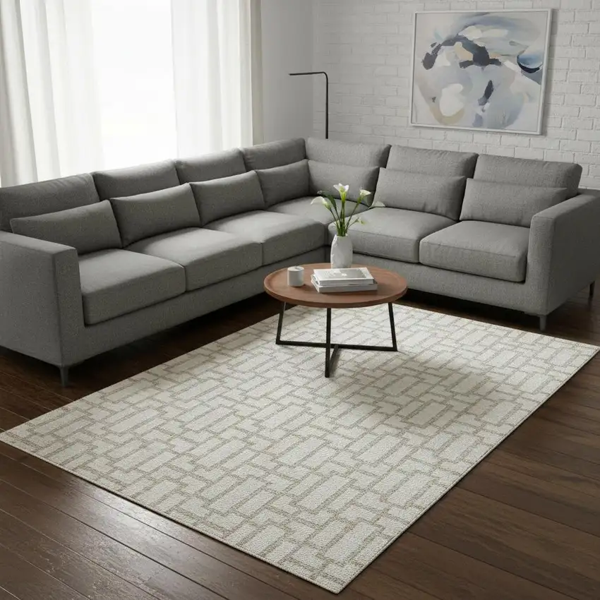 Ivory And Beige Geometric Washable Area Rug With UV Protection Photo 2