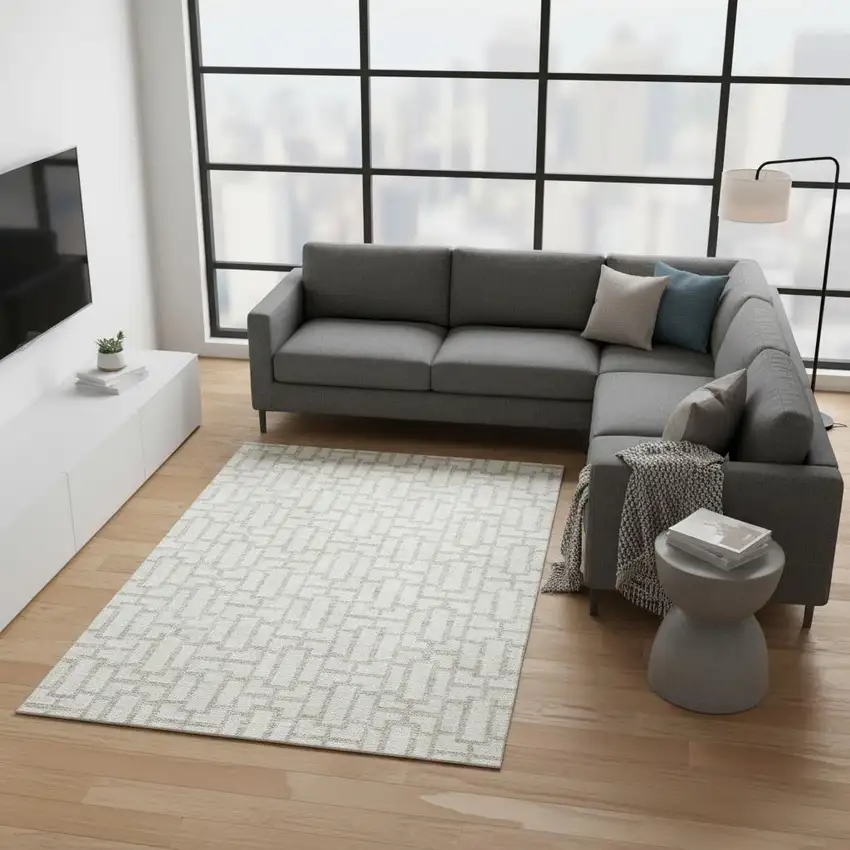 Ivory And Beige Geometric Washable Area Rug With UV Protection Photo 2