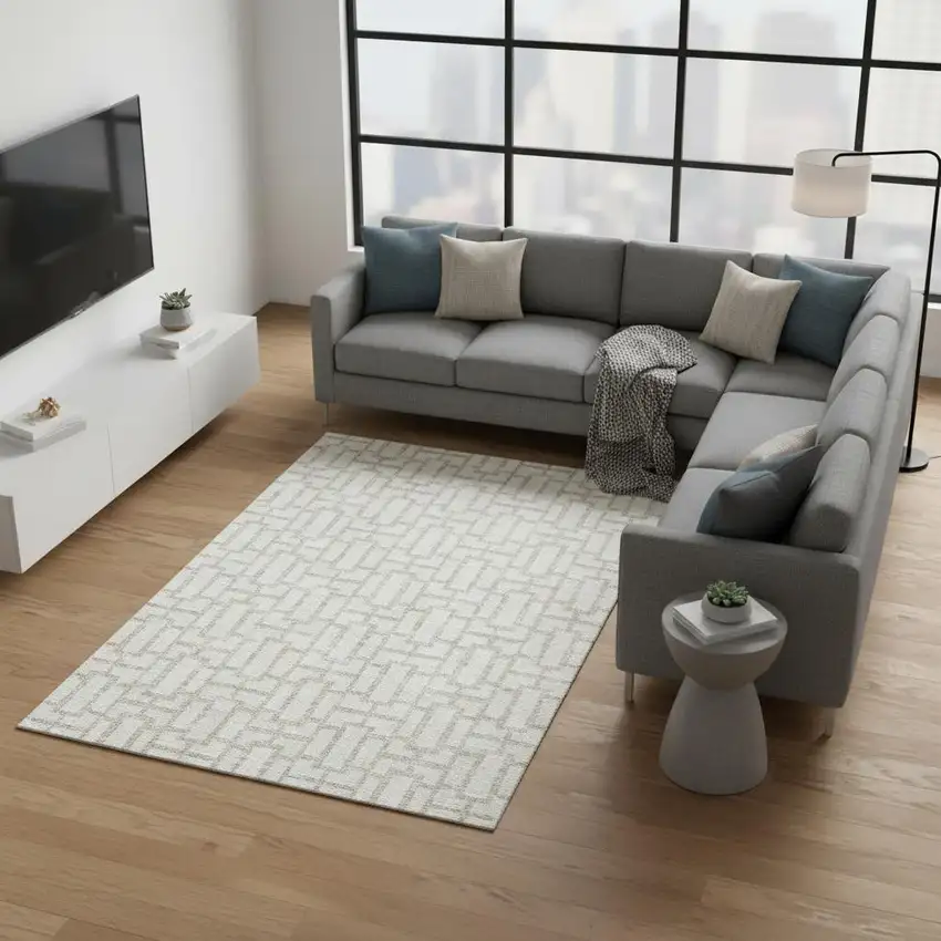 Ivory And Beige Geometric Washable Area Rug With UV Protection Photo 2