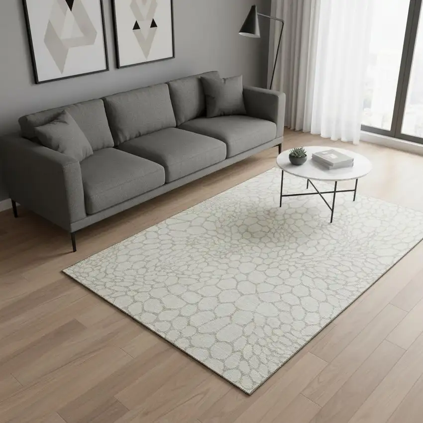 Ivory And Beige Geometric Washable Area Rug With UV Protection Photo 2