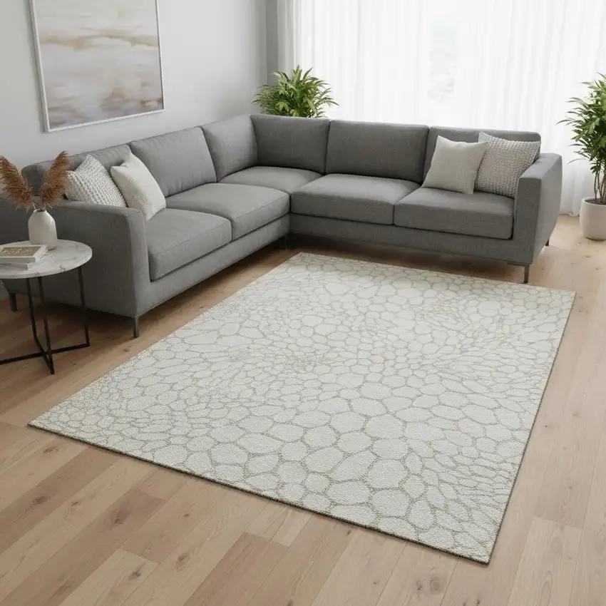 Ivory And Beige Geometric Washable Area Rug With UV Protection Photo 2