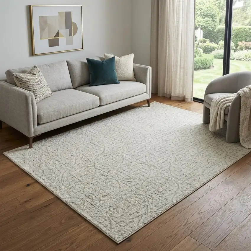 Ivory And Beige Geometric Washable Area Rug With UV Protection Photo 1