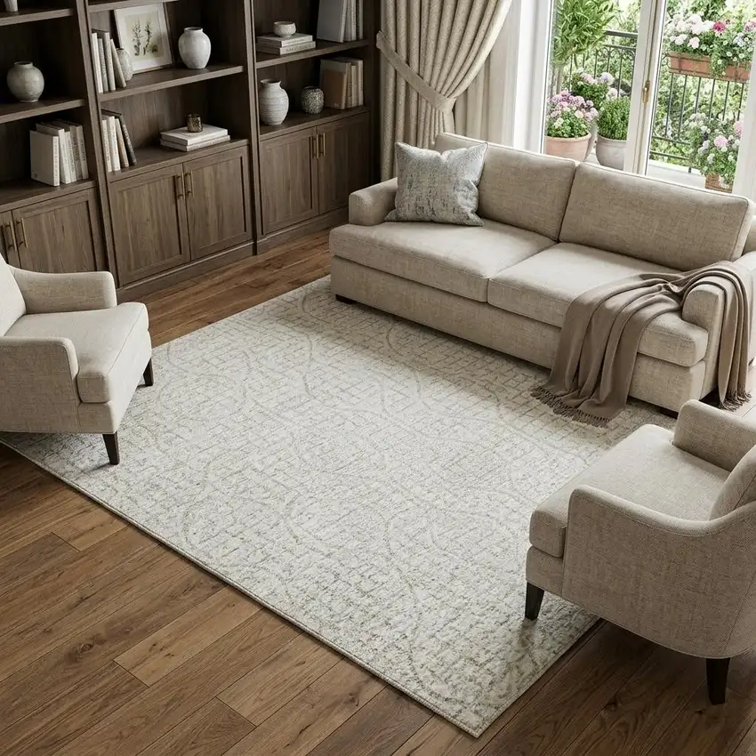 Ivory And Beige Geometric Washable Area Rug With UV Protection Photo 1