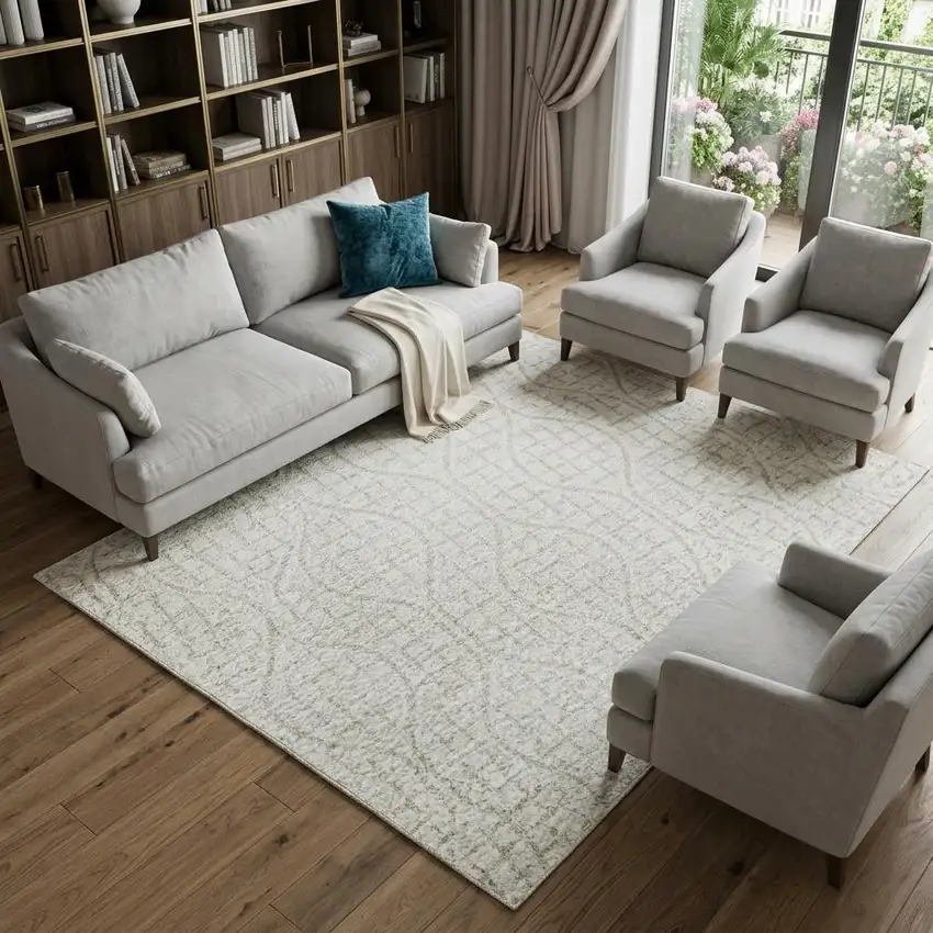 Ivory And Beige Geometric Washable Area Rug With UV Protection Photo 1