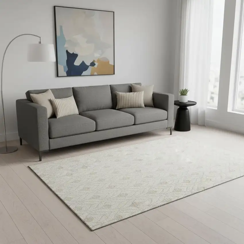 Ivory And Beige Geometric Washable Area Rug With UV Protection Photo 2