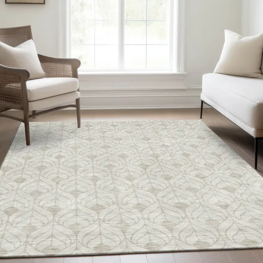 Ivory And Beige Geometric Washable Area Rug With UV Protection Photo 5