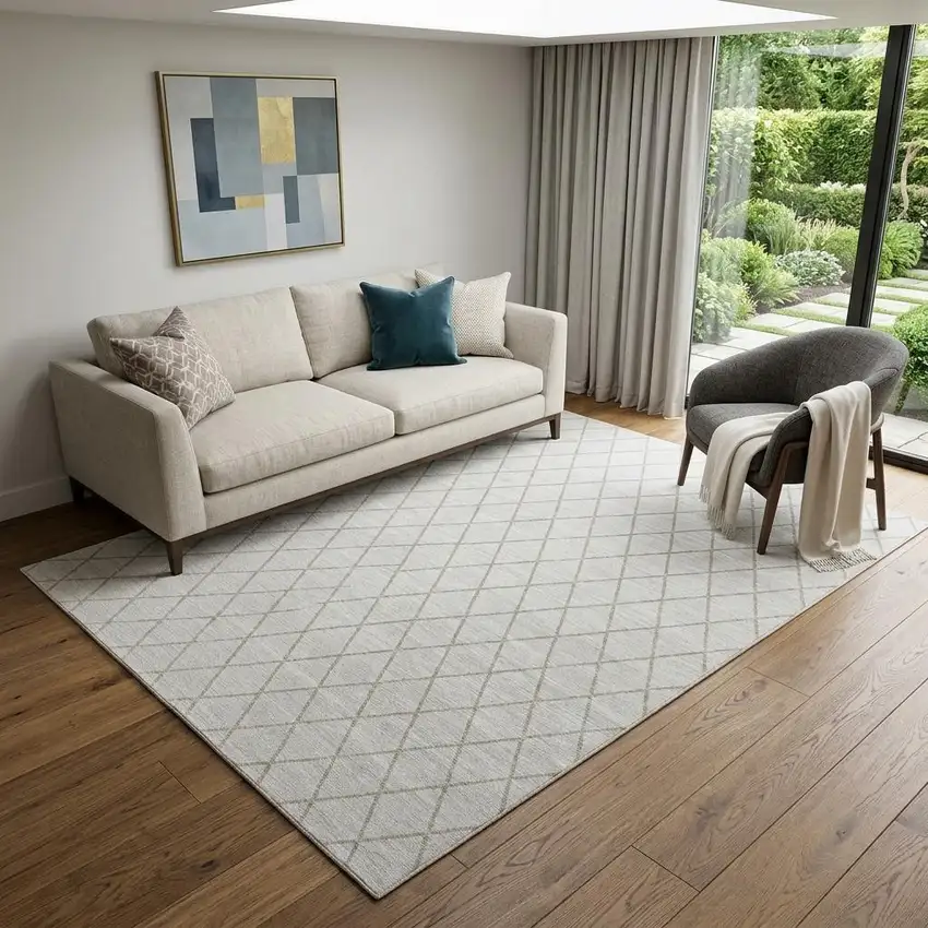 Ivory And Beige Geometric Washable Area Rug With UV Protection Photo 1