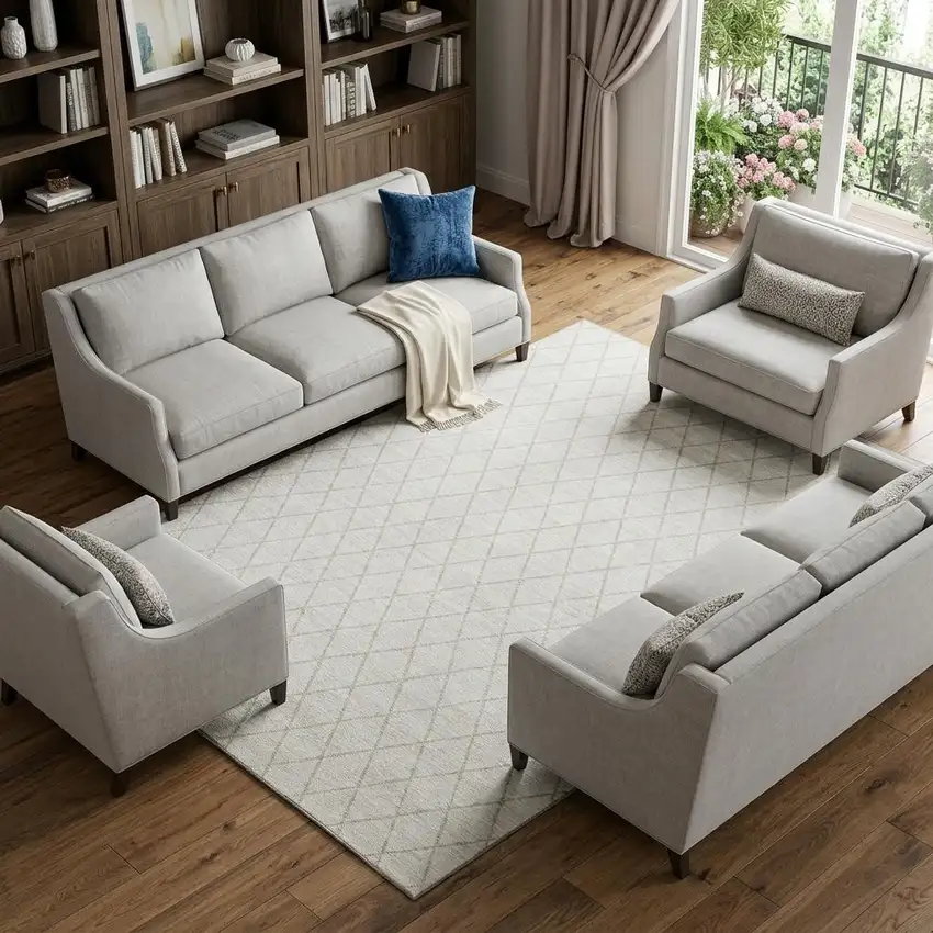 Ivory And Beige Geometric Washable Area Rug With UV Protection Photo 1
