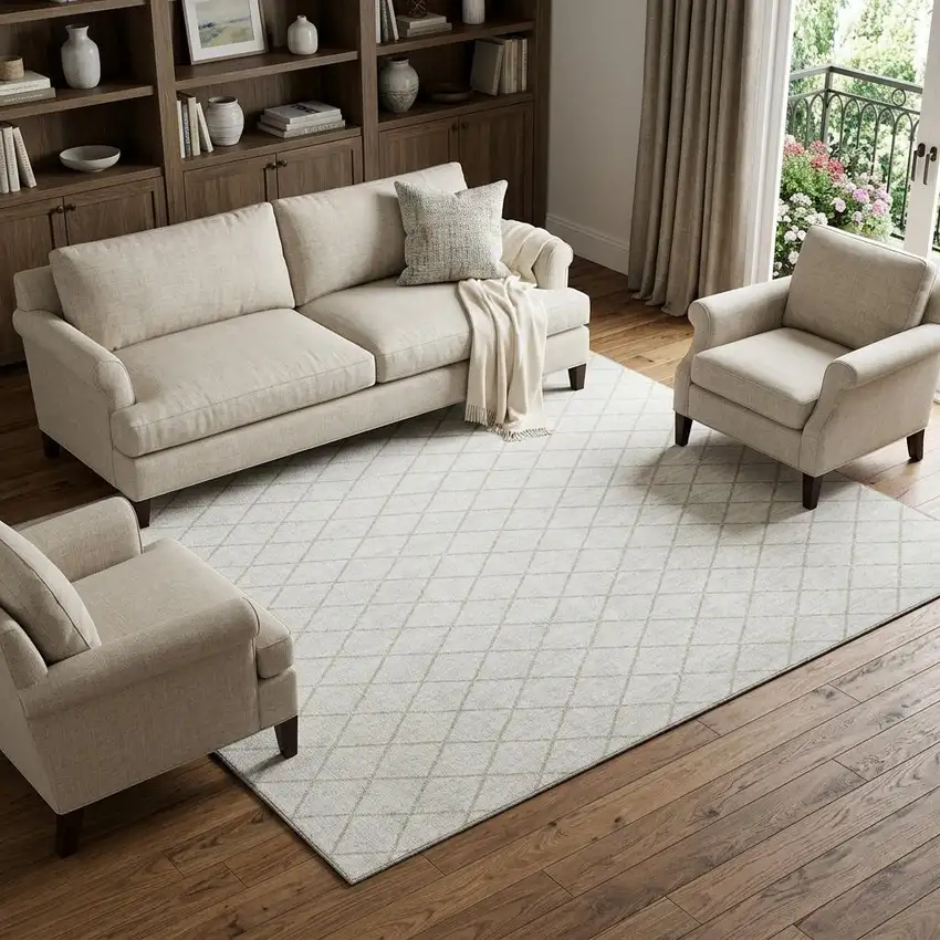Ivory And Beige Geometric Washable Area Rug With UV Protection Photo 1