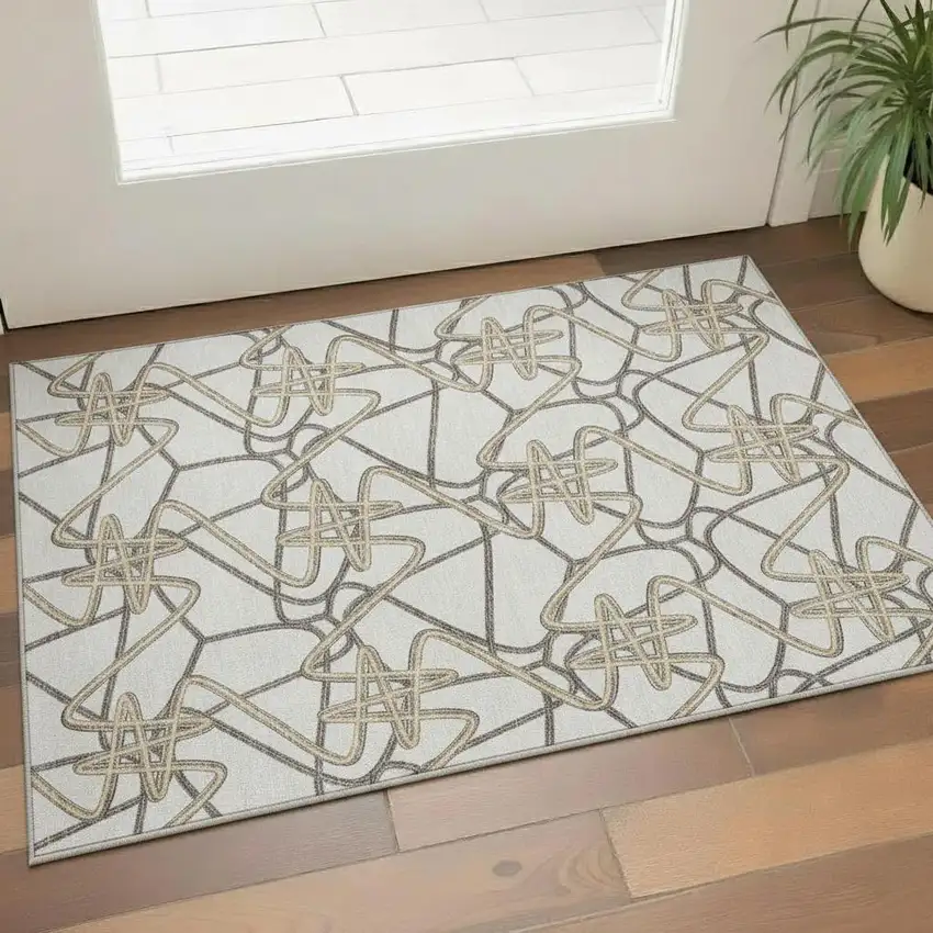 Ivory And Beige Geometric Washable Area Rug With UV Protection Photo 2