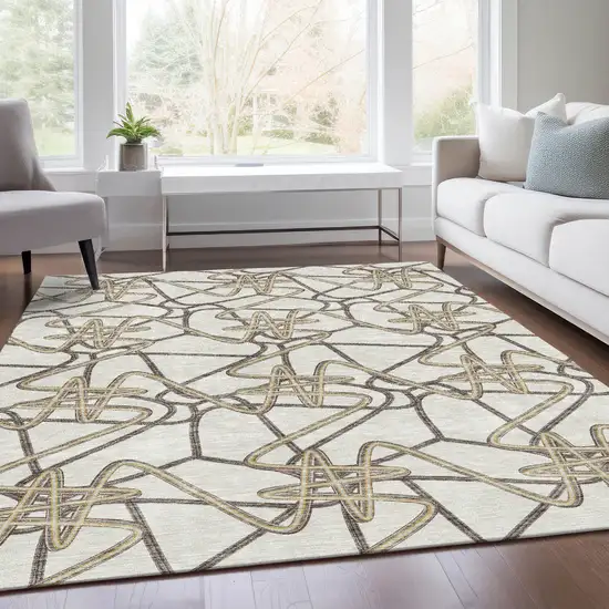 Ivory And Beige Geometric Washable Area Rug With UV Protection Photo 5